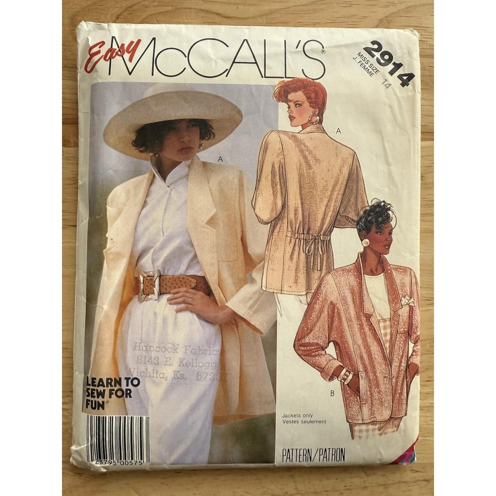 VTG McCall's Pattern 2914 Misses' Unlined Jacket Easy OOP Size 14 Cut Complete